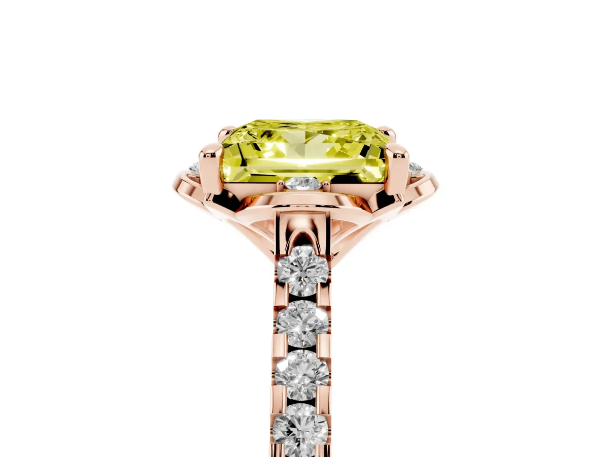 Fancy Yellow Princess Cut Diamond Ring with Pavé Band and Floral Prong Setting Rose gold