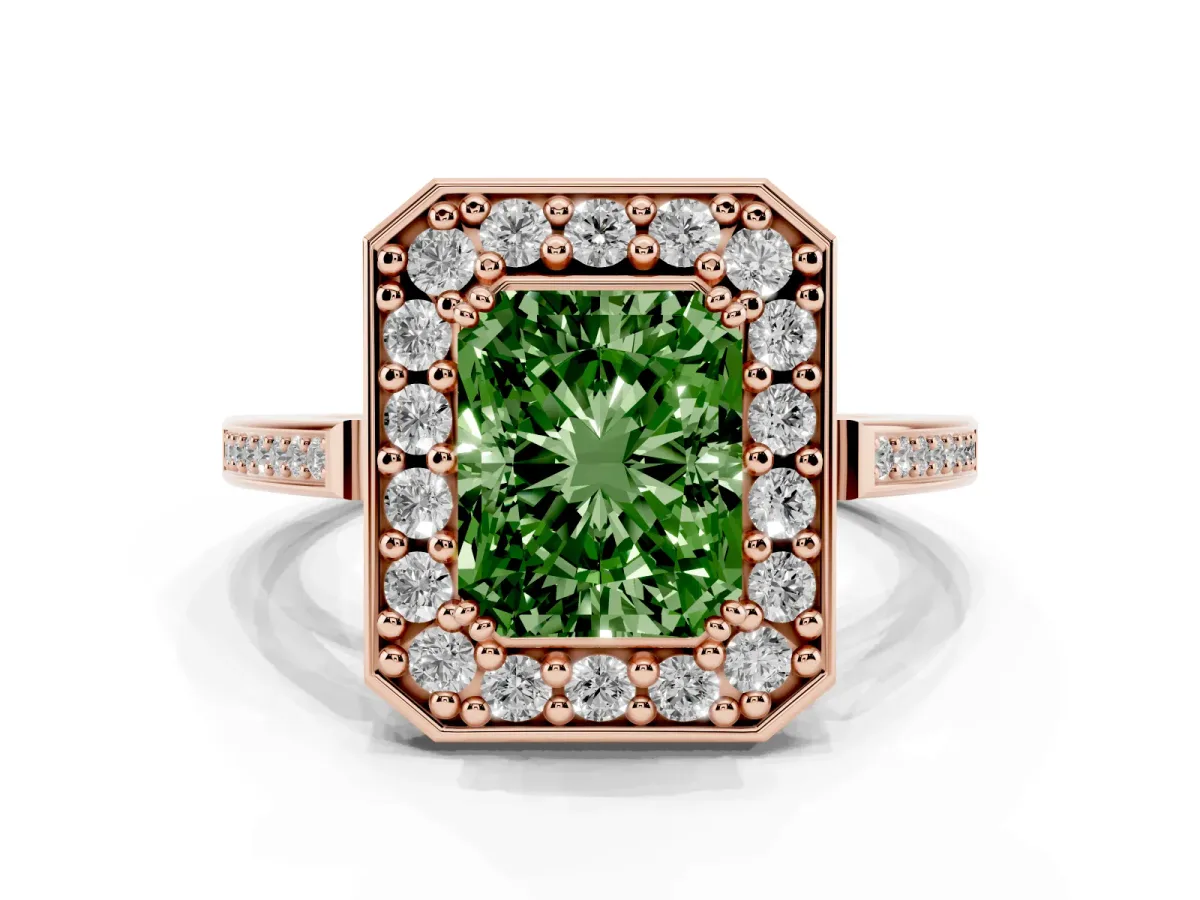 Fancy Green Radiant Cut Diamond Halo Ring with Split Shank and Four-Prong Setting Rose gold