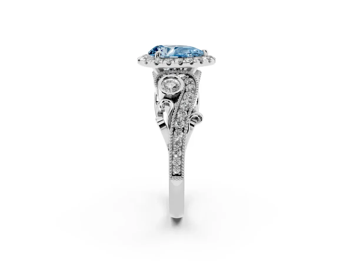 Fancy Blue Pear Cut Diamond Halo Ring with Milgrain Pavé Band and Four-Prong Setting Silver