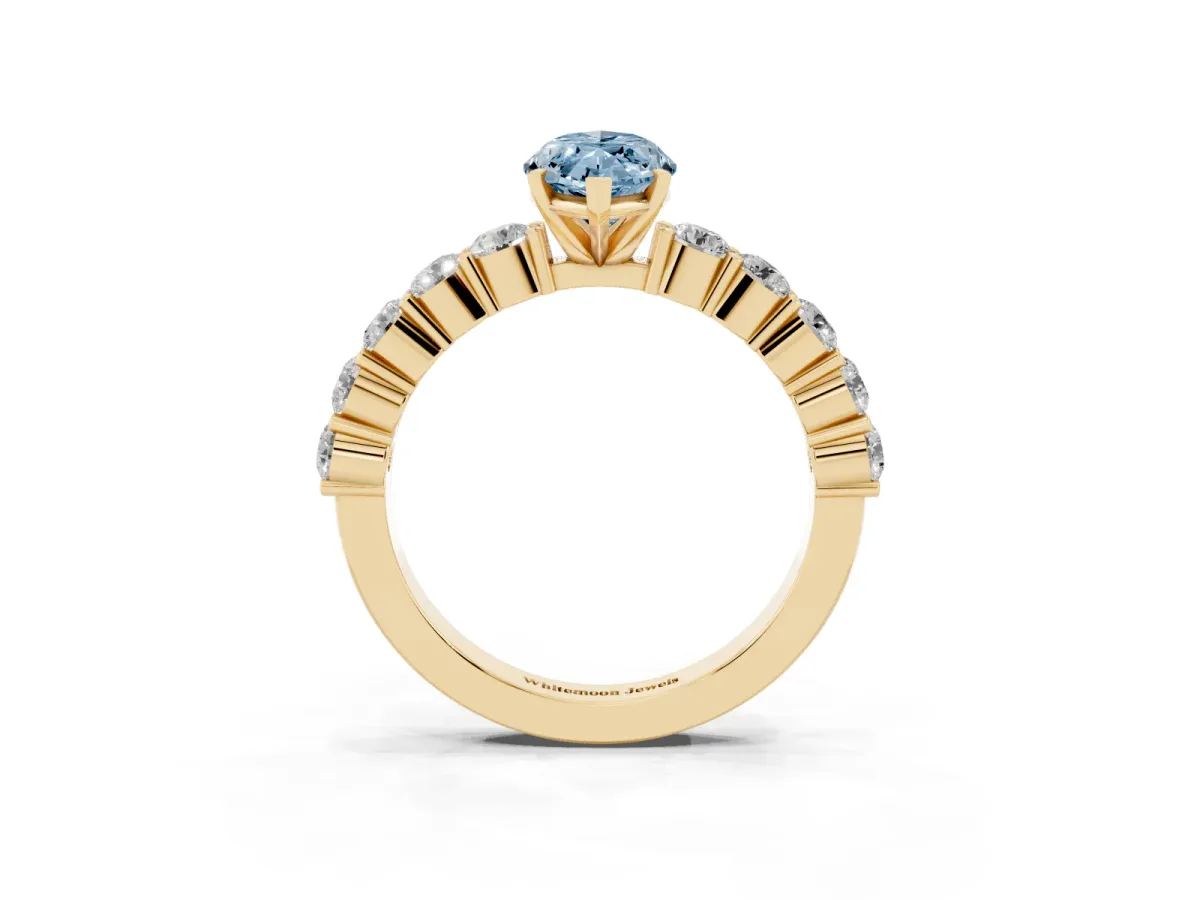 Fancy Blue Marquise Cut Diamond Solitaire Ring with Shared Prong Round Side Stones Yellow gold