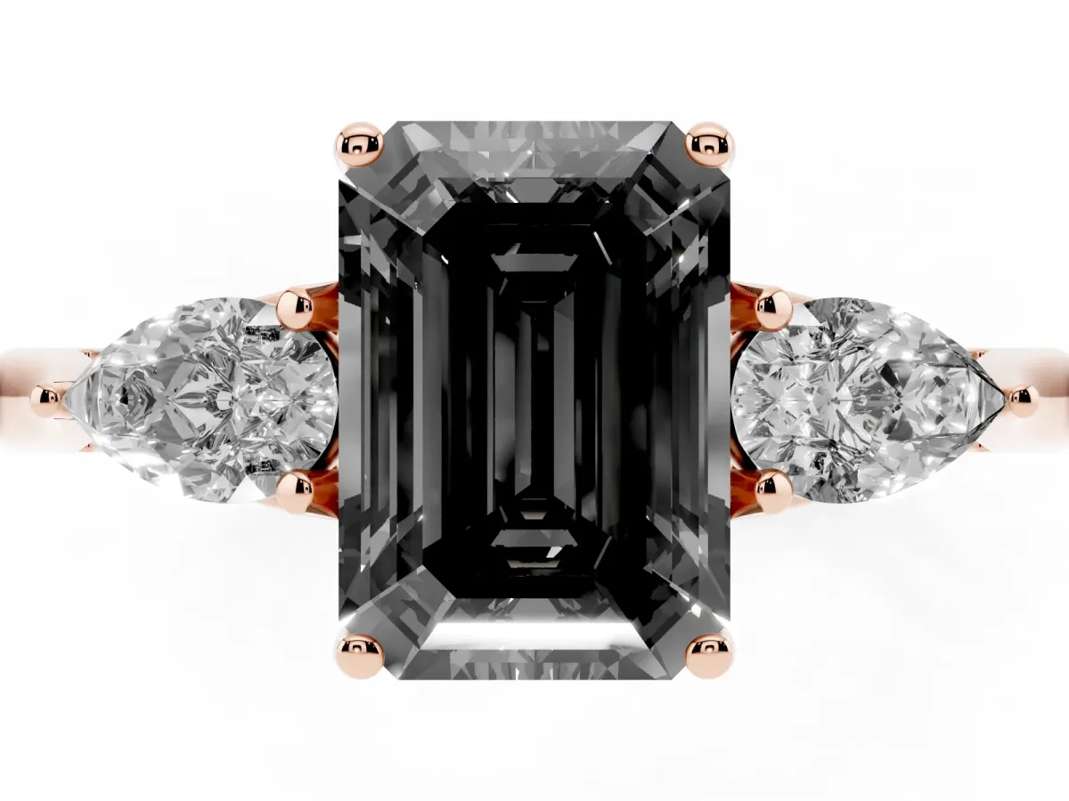 Fancy Black Emerald Cut Diamond Three-Stone Ring with Pear Side Stones and Prong Setting Rose gold