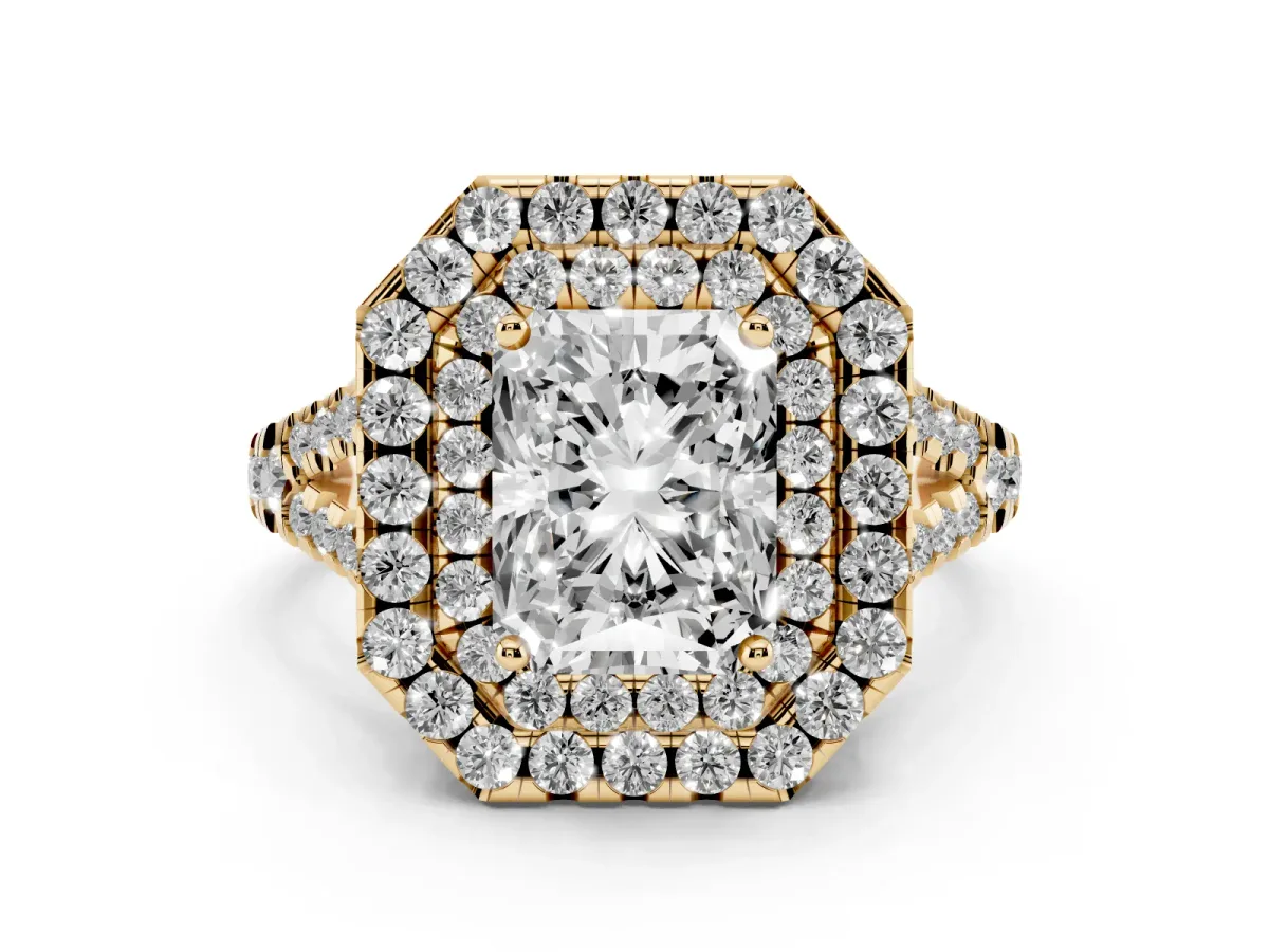 Double Halo Radiant Cut Diamond Pavé Split Shank Ring with Prong Setting Yellow gold