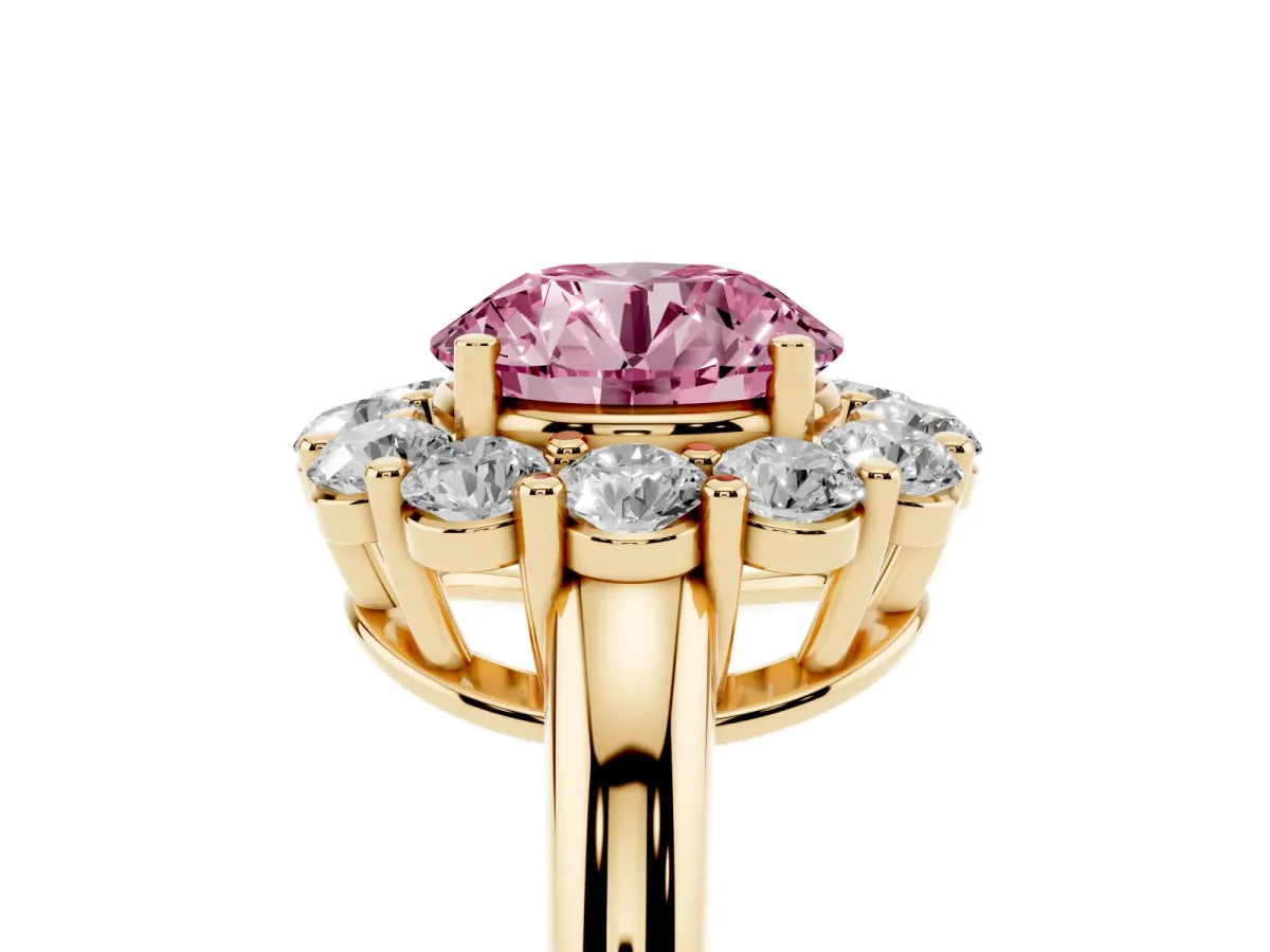 Fancy Pink Round Cut Halo Cluster Diamond Engagement Ring with Prong Setting and Polished Band Yellow gold