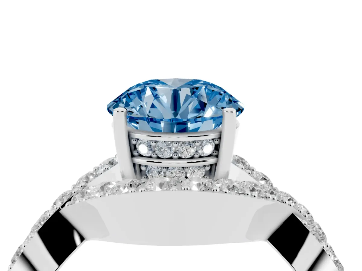 Fancy Blue Round Cut Solitaire Twist Band Pavé Diamond Engagement Ring Silver