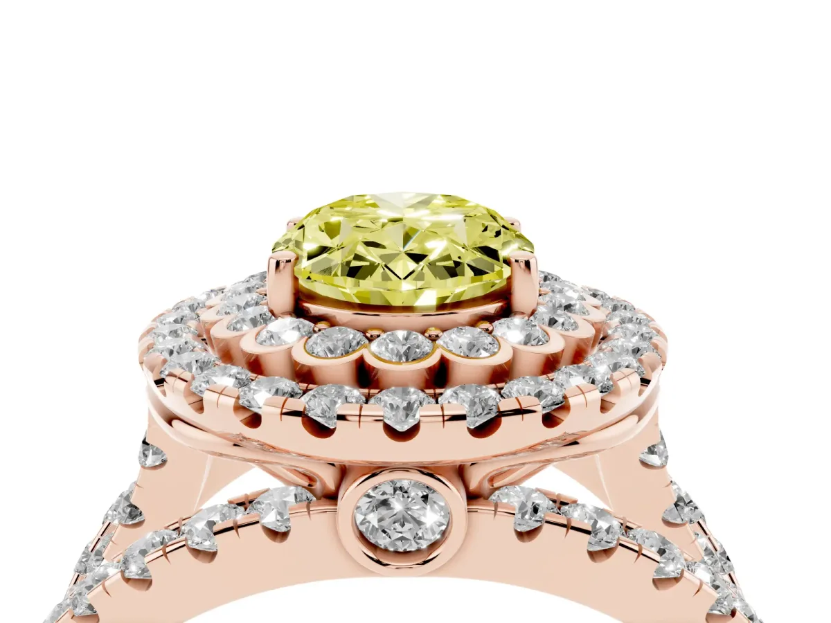 Fancy Yellow Oval Cut Diamond Double Halo Ring with Round Pavé Split Shank and Prong Setting Rose gold