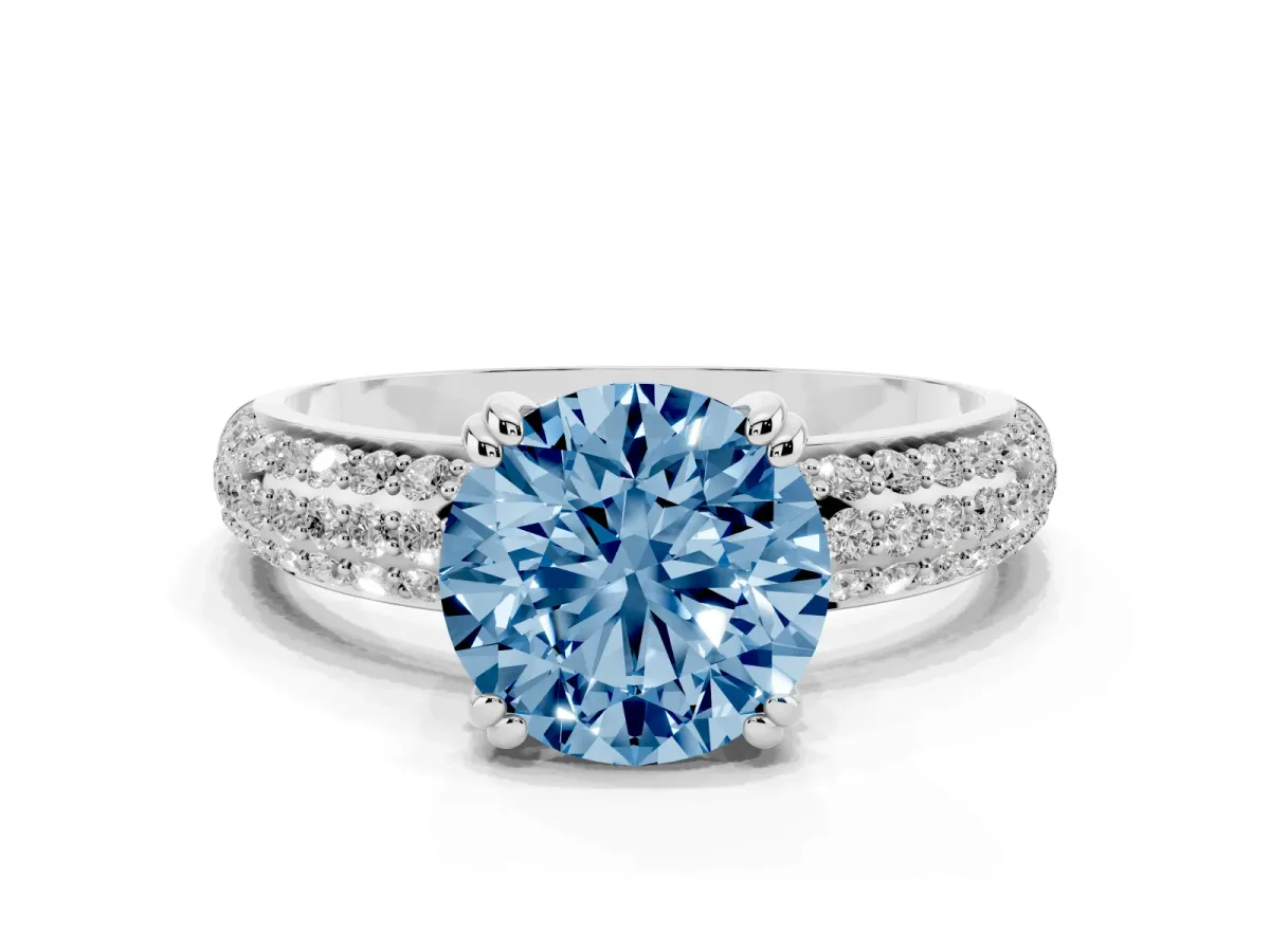 Fancy Blue Round Cut Diamond Solitaire Ring with Multi-Row Round Pavé Band and Prong Setting Silver