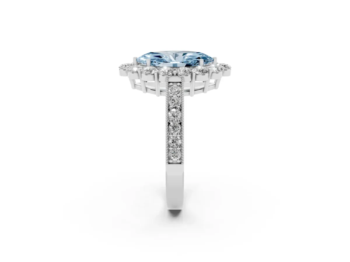 Fancy Blue Marquise Cut Cut Halo Diamond Pavé Engagement Ring with Milgrain Detailing Silver