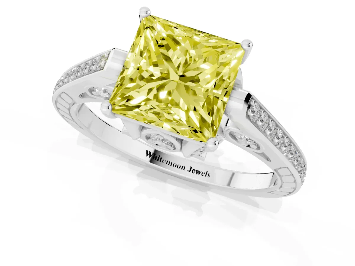 Fancy Yellow Princess Cut Cut Cathedral Pave Diamond Engagement Ring with Six-Prong Setting Silver