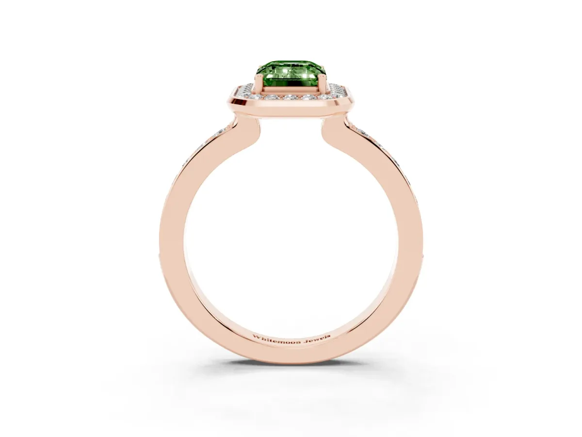 Fancy Green Emerald Cut Diamond Halo Ring with Bezel Frame and Pavé Band Rose gold