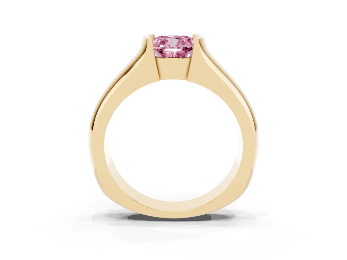 Fancy Pink Cushion Cut Solitaire Bezel Set Diamond Ring with Wide Band Yellow gold