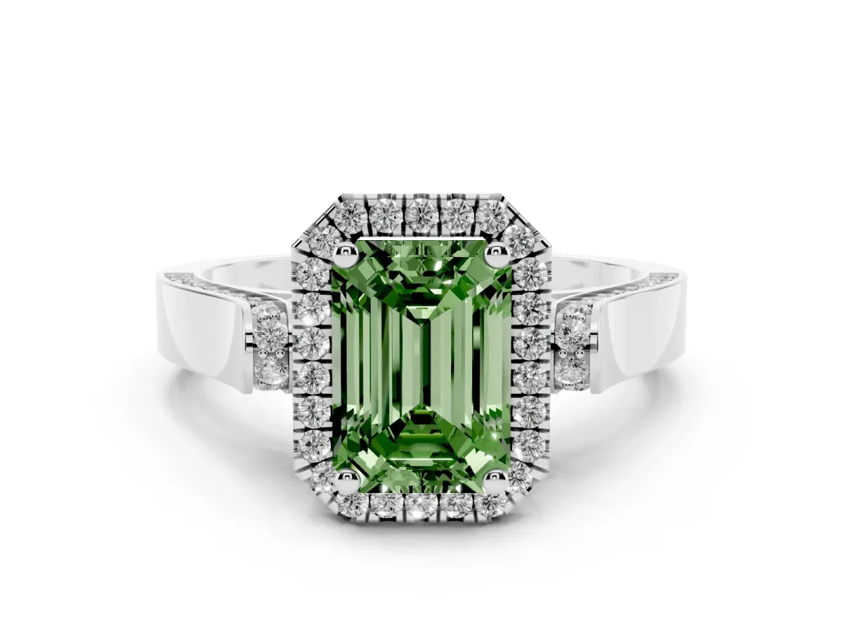 Fancy Green Emerald Cut Halo Round Diamond Twist Band with Four-Prong Setting White gold
