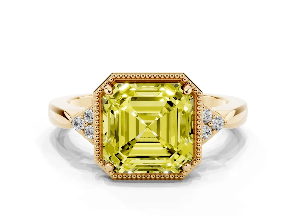 Fancy Yellow Asscher Cut Diamond Halo Ring with Tapered Band and Four-Prong Setting Yellow gold