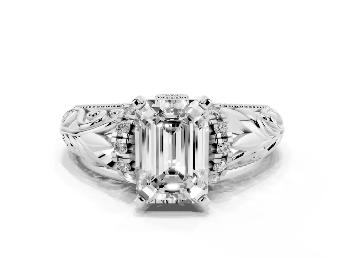 Emerald Cut Solitaire Filigree Engagement Ring with Halo and Prong Setting Platinum