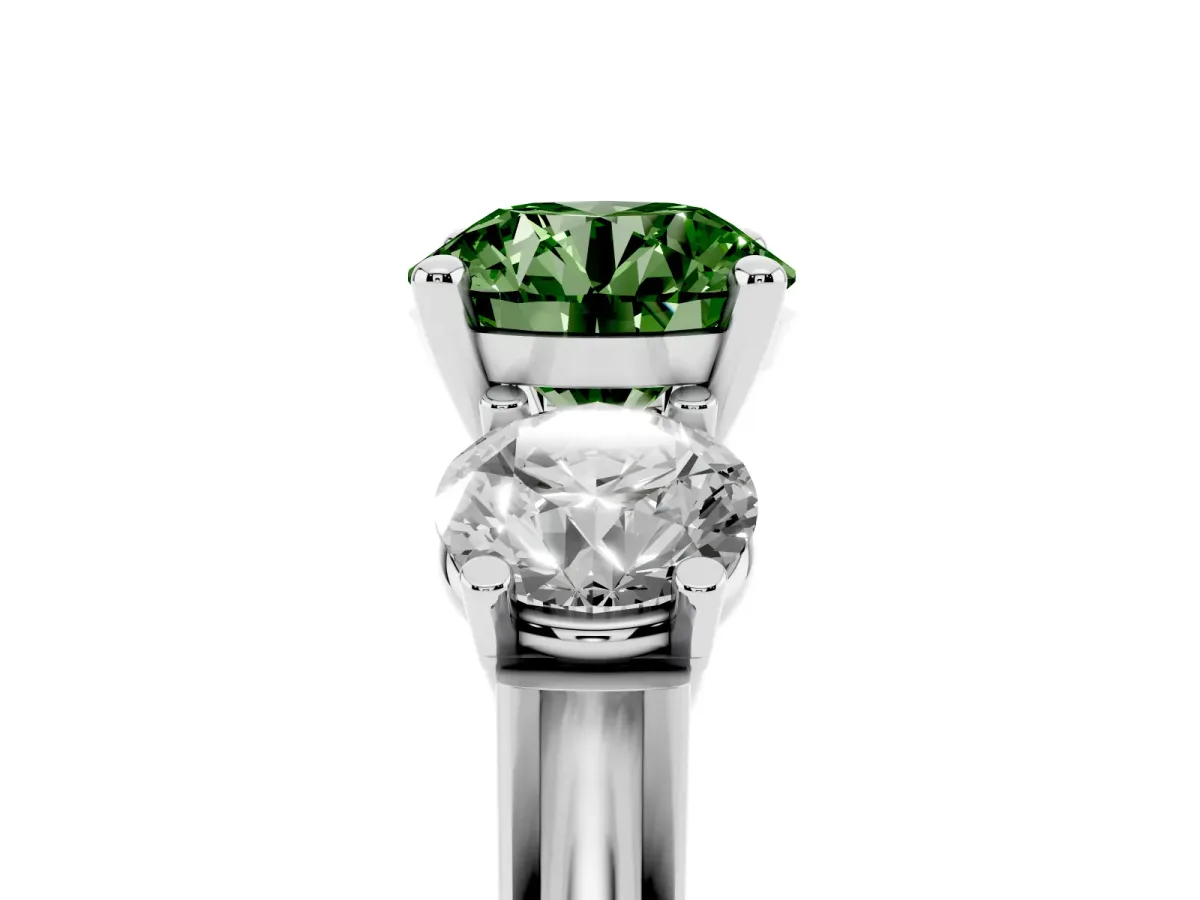 Fancy Green Three-Stone Round Cut Brilliant Diamond Trellis Ring with Comfort Fit Band White gold