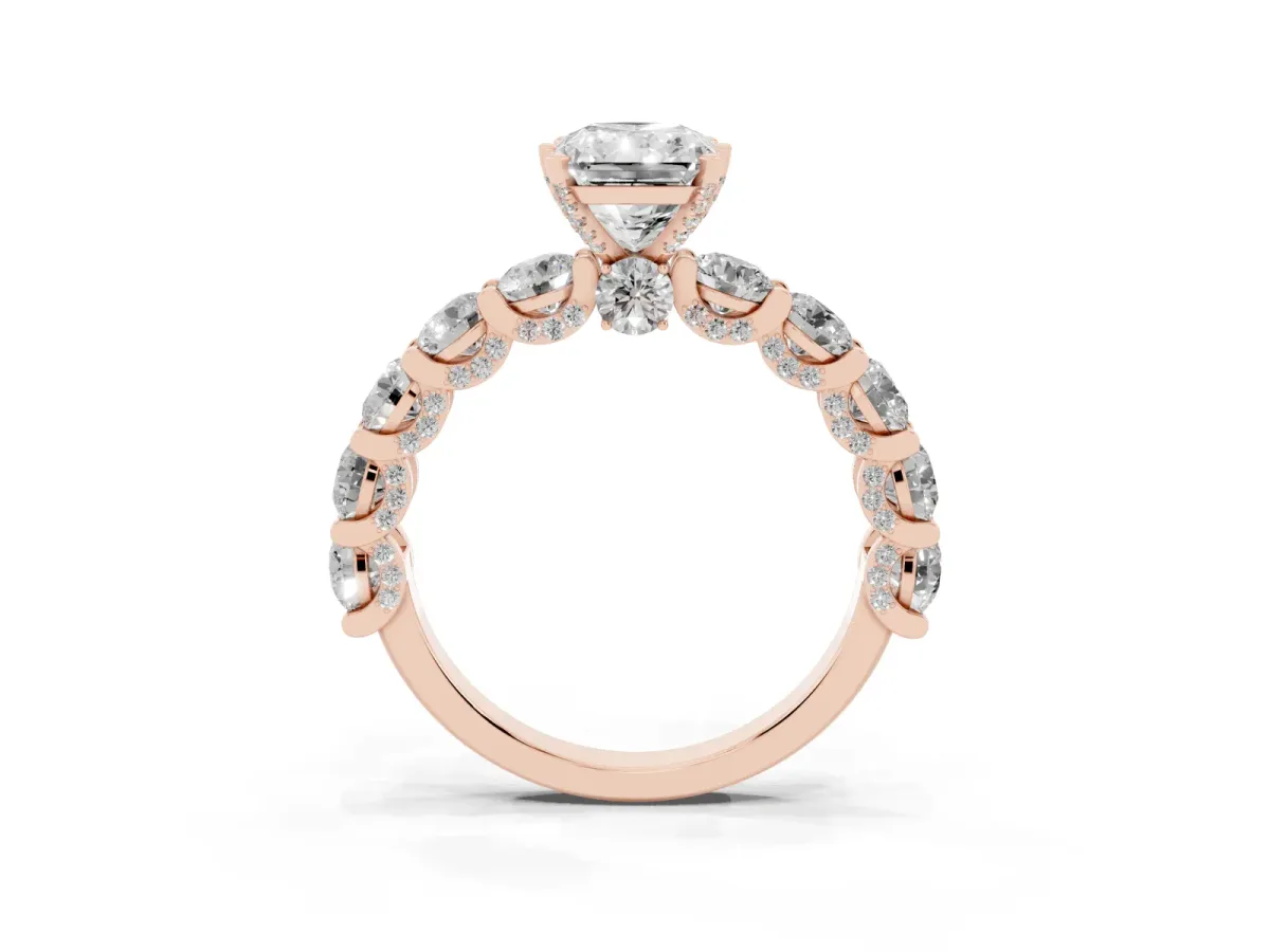 Radiant Cut Diamond Side Stone Engagement Ring with Four-Prong Setting Rose gold