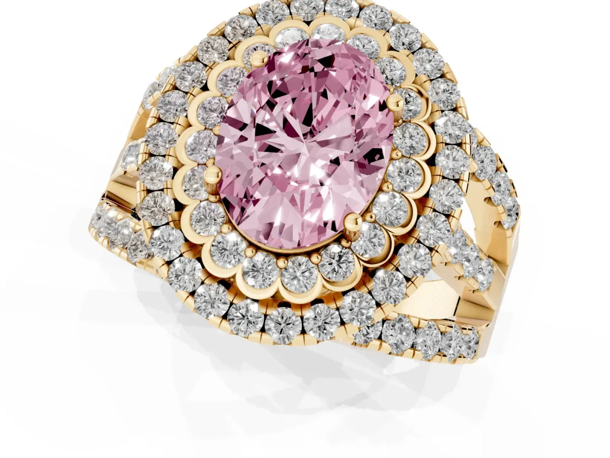Fancy Pink Oval Cut Diamond Double Halo Ring with Round Pavé Split Shank and Prong Setting Yellow gold