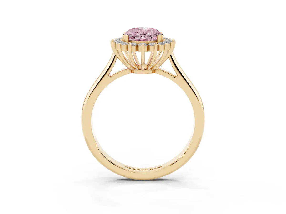Fancy Pink Oval Cut Cut Diamond Halo Ring with Solitaire Band and Prong Setting Yellow gold
