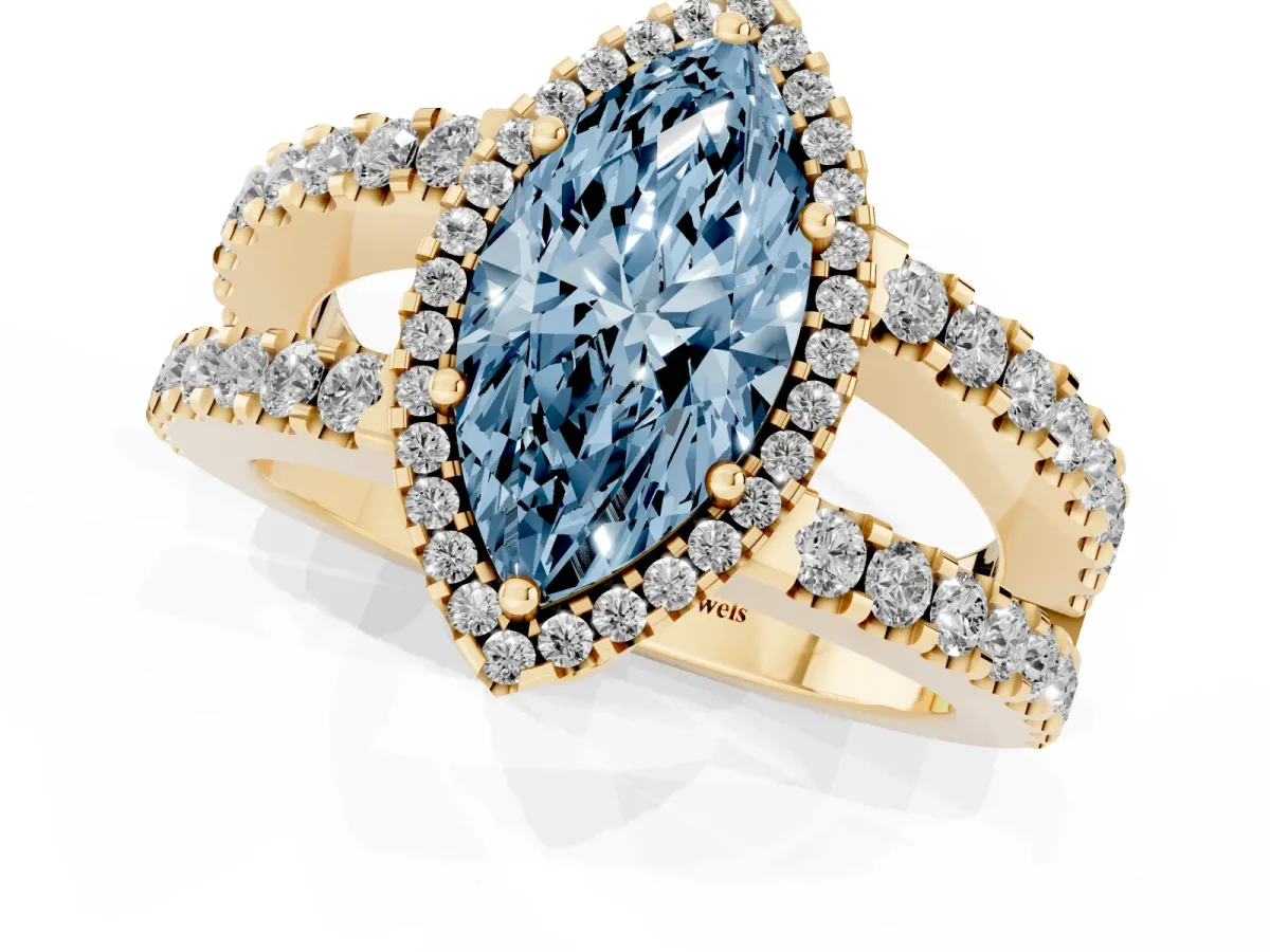 Fancy Blue Marquise Cut Cut Halo Split Shank Diamond Ring with Four-Prong Setting Yellow gold
