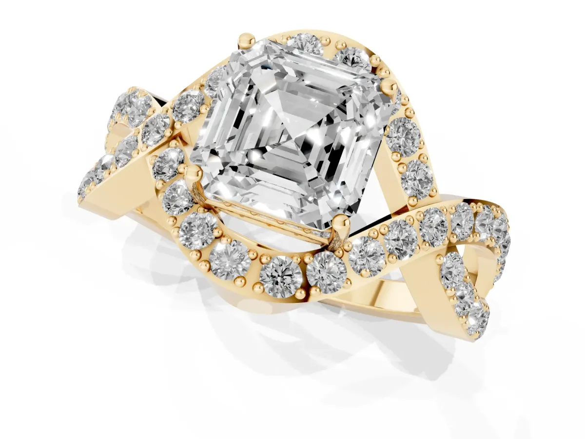 Asscher Cut Solitaire Twist Band Pavé Diamond Engagement Ring Yellow gold