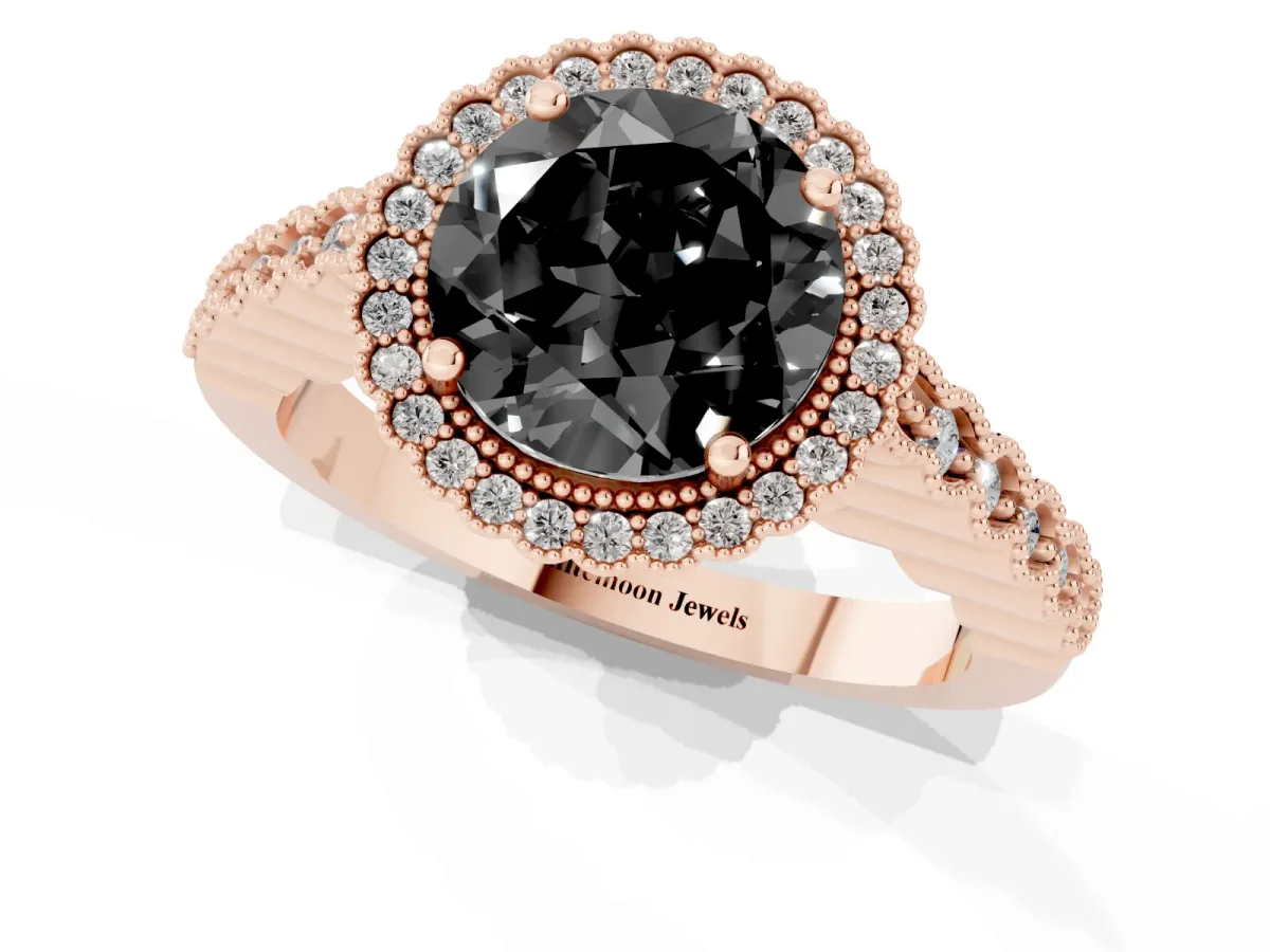 Fancy Black Round Cut Cut Halo Pavé Solitaire Ring with Milgrain Band Rose gold