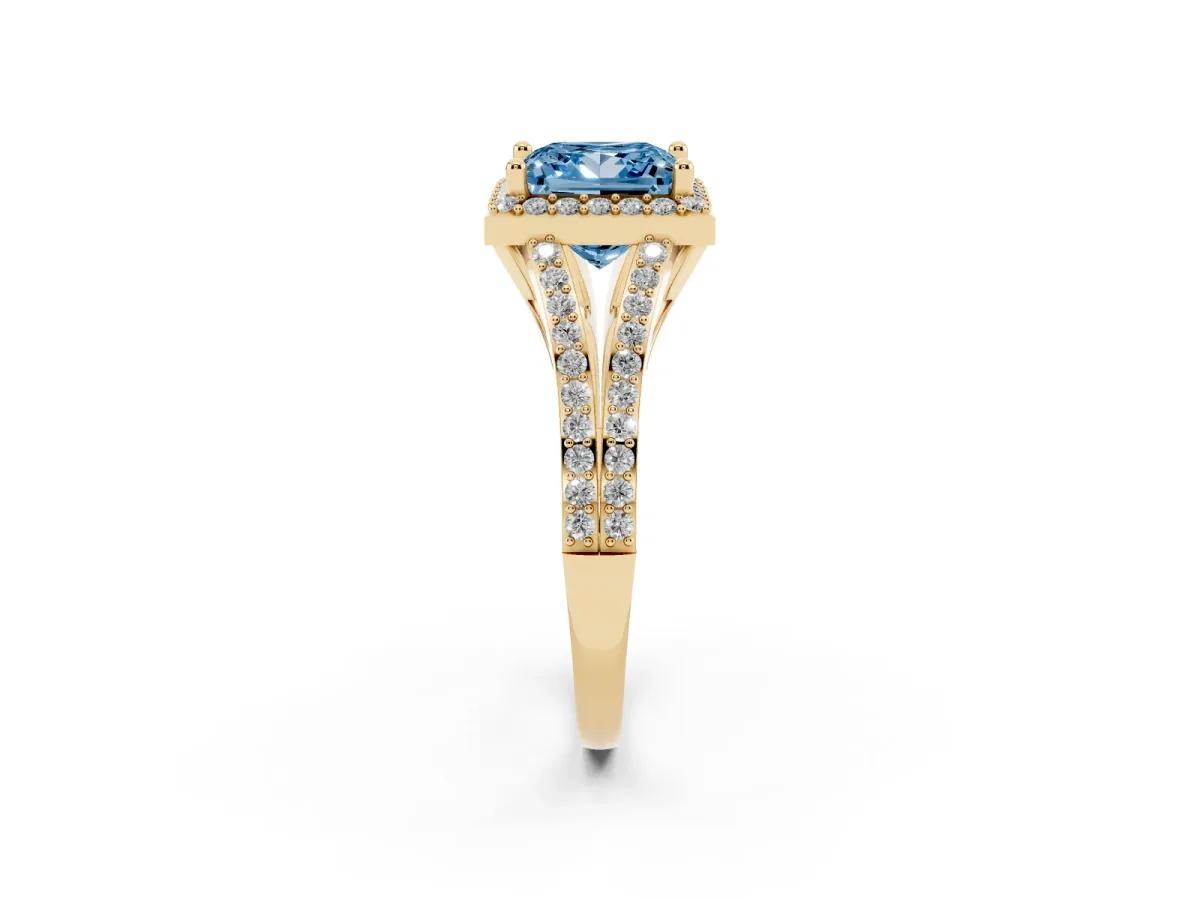 Fancy Blue Princess Cut Halo Split Shank Pave Diamond Ring with Four-Prong Setting Yellow gold
