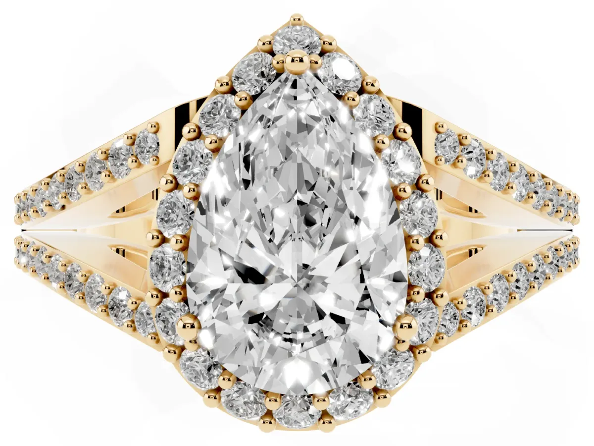 Pear Cut Halo Split Shank Pave Diamond Ring with Four-Prong Setting Yellow gold