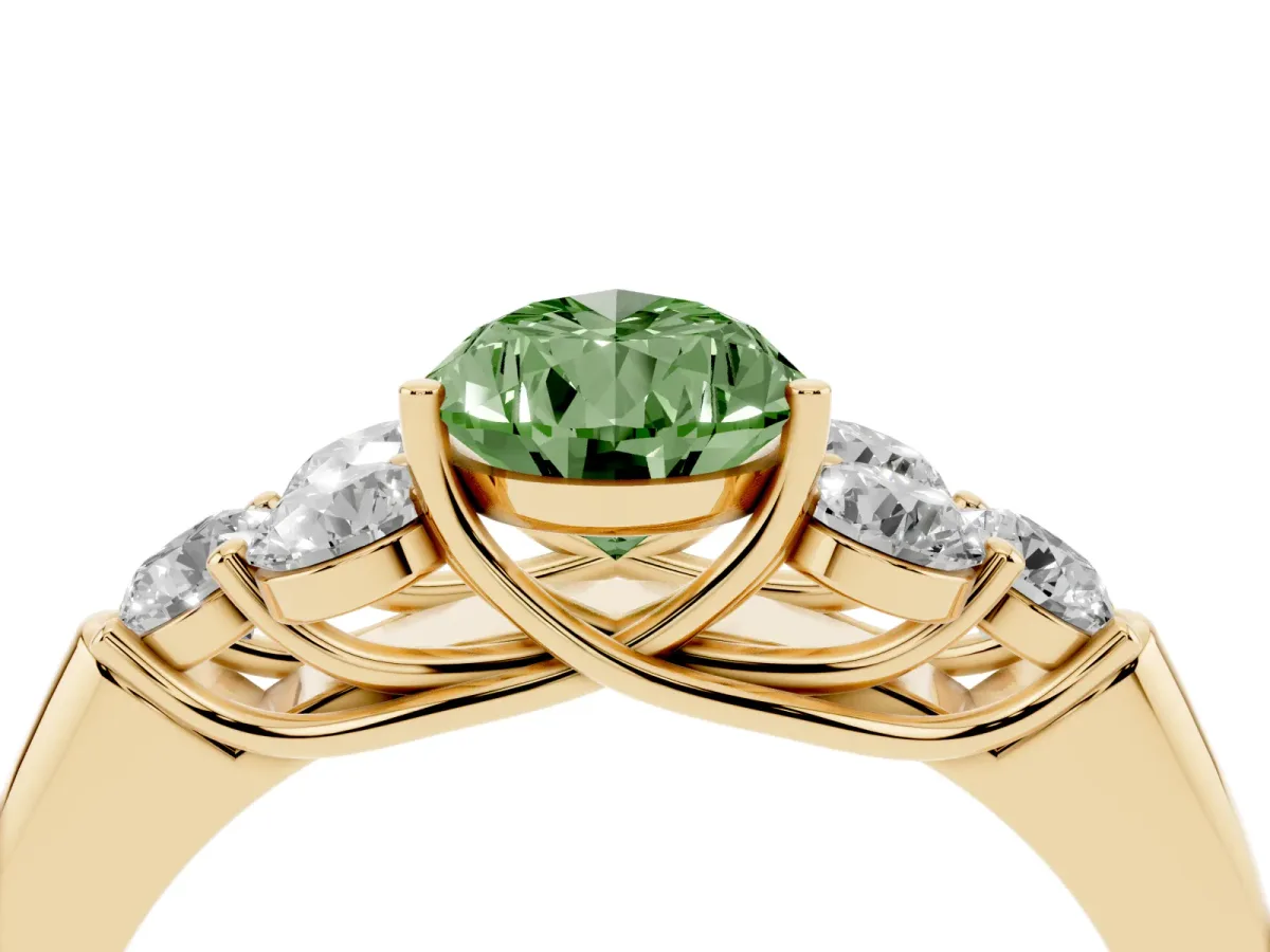 Fancy Green Pear Cut Cut Diamond Cluster Ring with Round Accent Stones and Prong Setting on a Classic Band Yellow gold