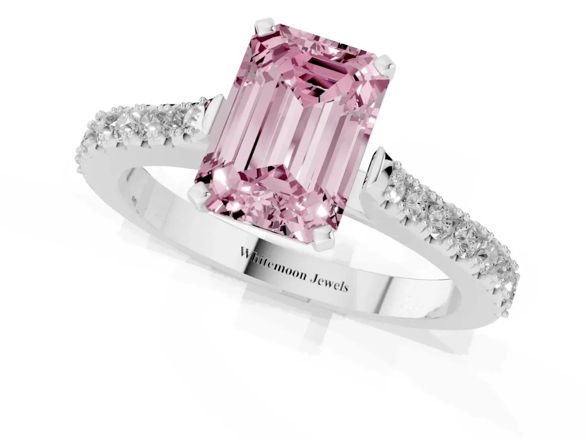 Fancy Pink Emerald Cut Cut Solitaire Diamond Engagement Ring with Pave Band and Four-Prong Setting Platinum