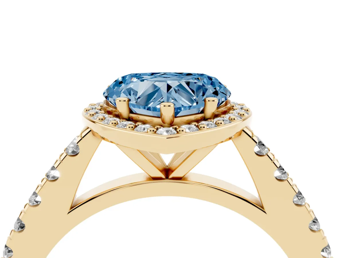 Fancy Blue Heart Cut Cut Halo Diamond Engagement Ring with Pave Band and Four-Prong Setting Yellow gold