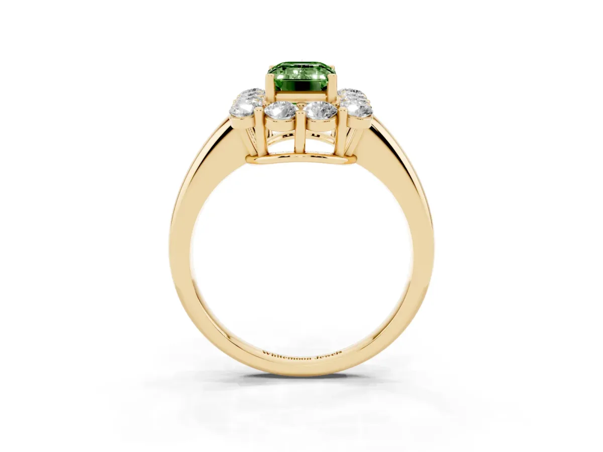 Fancy Green Emerald Cut Halo Cluster Diamond Engagement Ring with Prong Setting and Polished Band Yellow gold