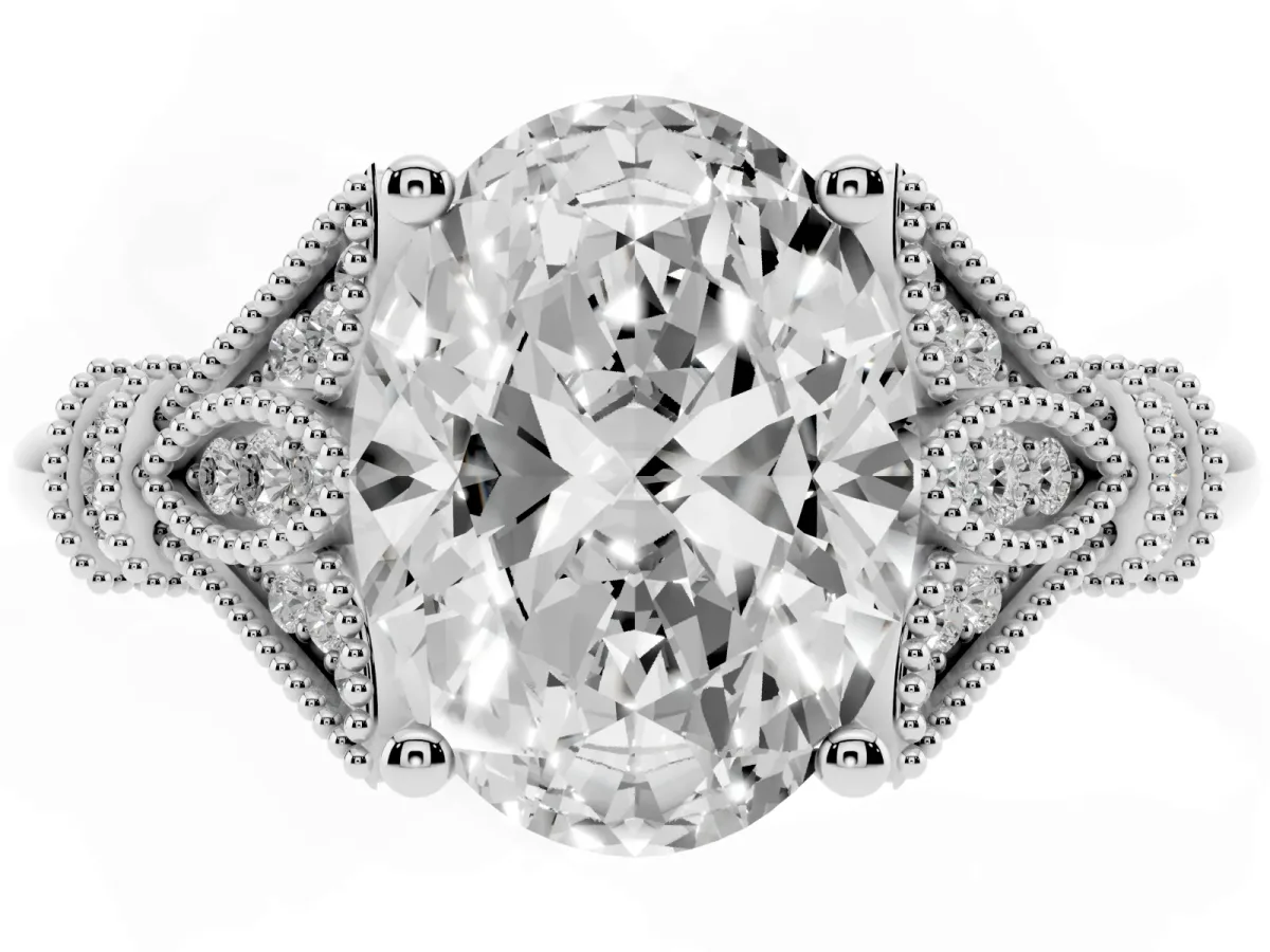 Oval Cut Diamond Solitaire Ring with Floral Filigree and Pave Accents Silver