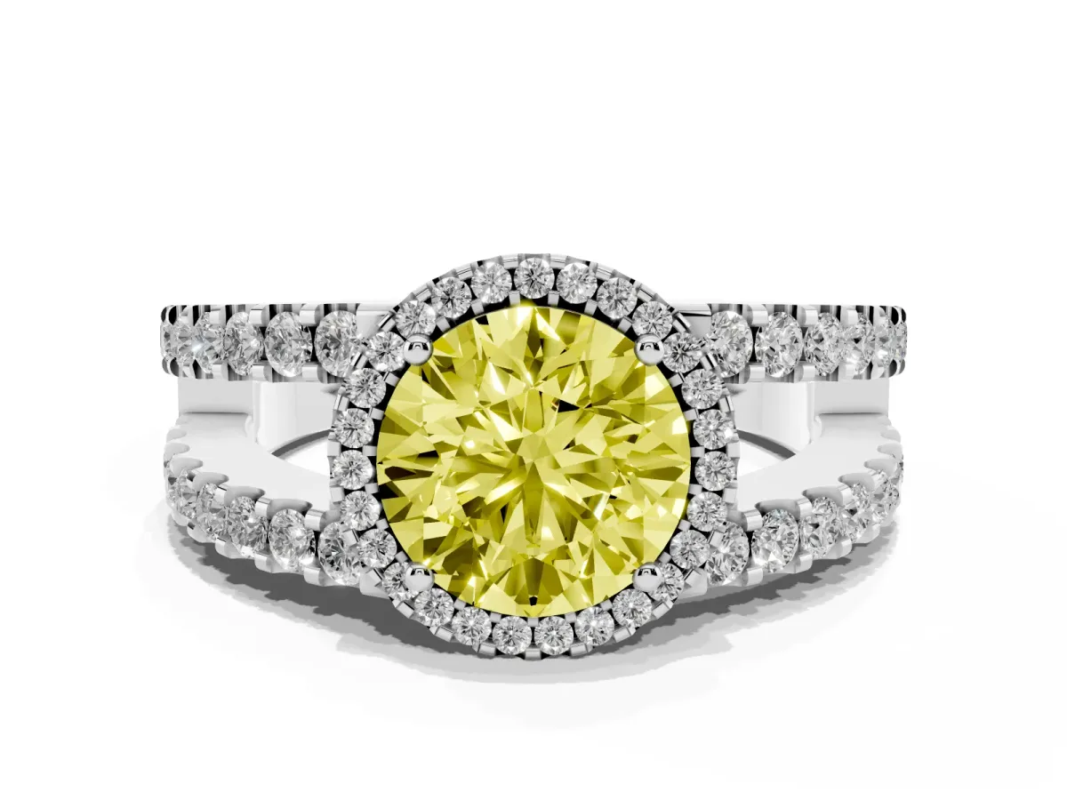 Fancy Yellow Round Cut Cut Halo Split Shank Diamond Ring with Four-Prong Setting Platinum