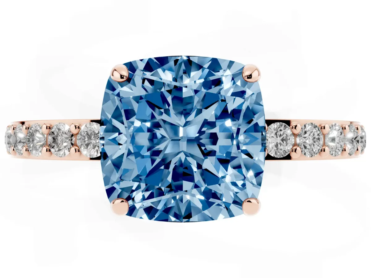 Fancy Blue Cushion Cut Diamond Solitaire Engagement Ring with Pavé Band and Four-Prong Setting Rose gold