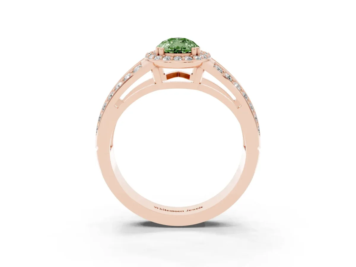Fancy Green Pear Cut Diamond Halo Ring with Split Shank Pavé Band and Four-Prong Setting Rose gold