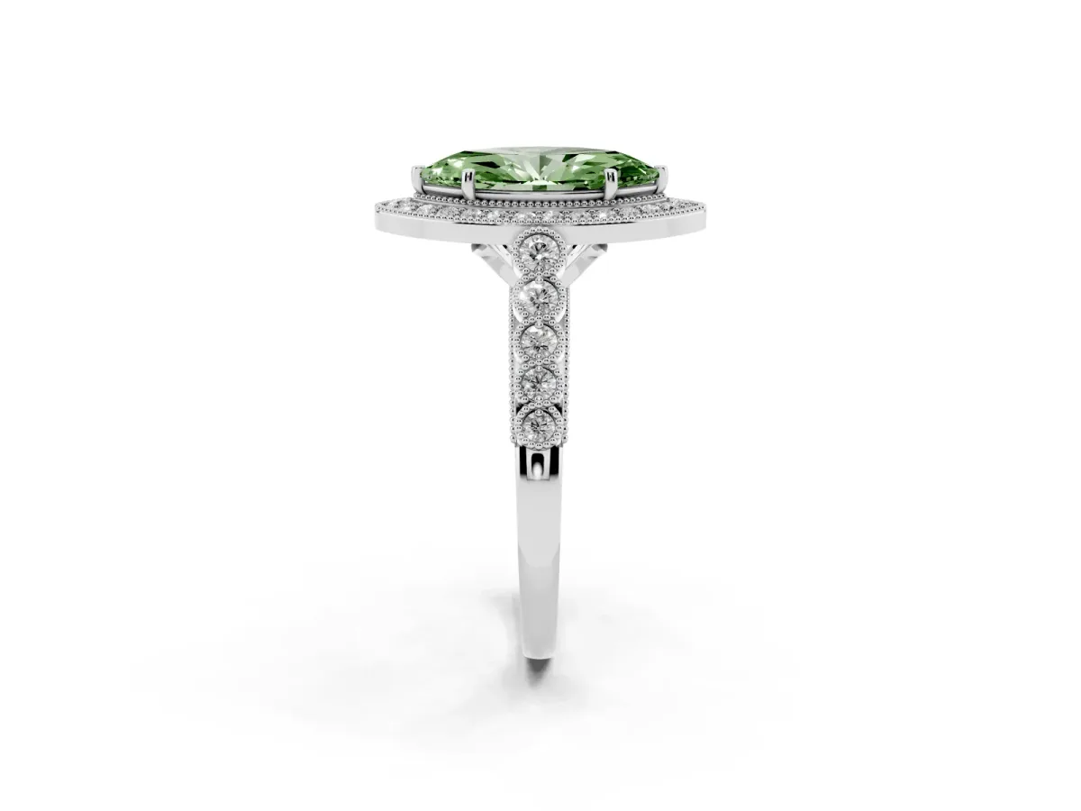 Fancy Green Marquise Cut Halo Milgrain Solitaire with Bezel Set Side Stones and Pave Band Platinum