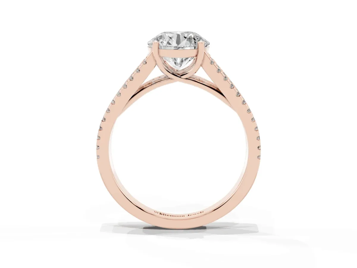 Round Cut Diamond Solitaire Engagement Ring with Split Shank Pavé Band Rose gold