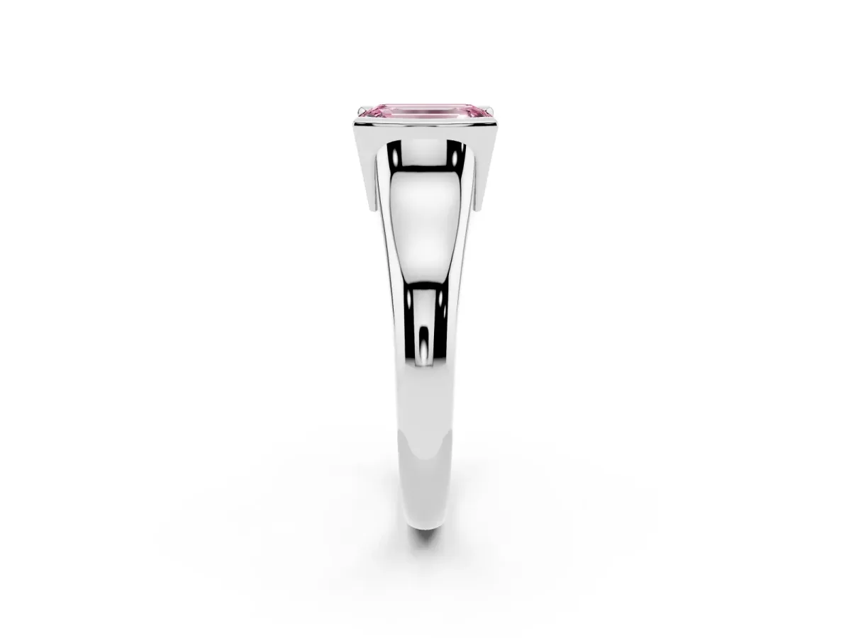 Fancy Pink Emerald Cut Solitaire Tension Set Diamond Ring with Split Shank Band Silver