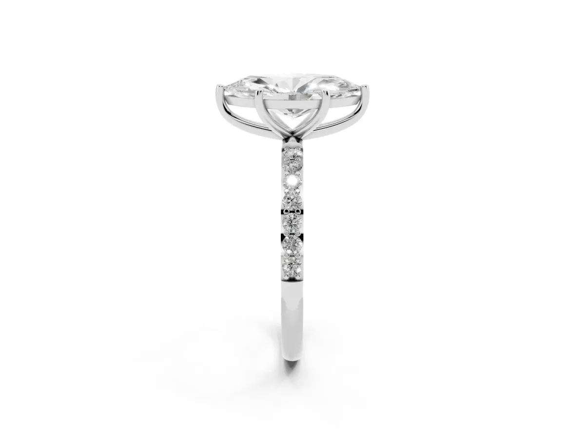 Marquise Cut Diamond Solitaire Ring with Round Pavé Shoulders and Prong Setting Silver