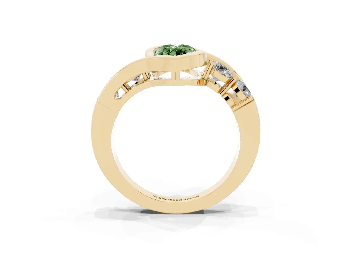 Fancy Green Bezel Set Marquise Cut Diamond Bypass Ring with Round Accents Yellow gold