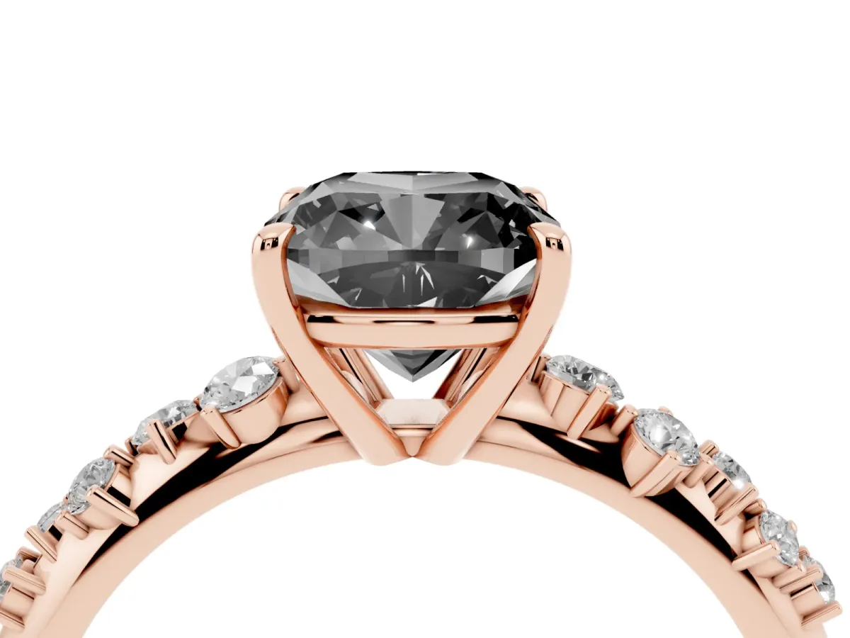 Fancy Black Cushion Cut Diamond Cluster Side Stone Solitaire Ring with Prong Setting Rose gold