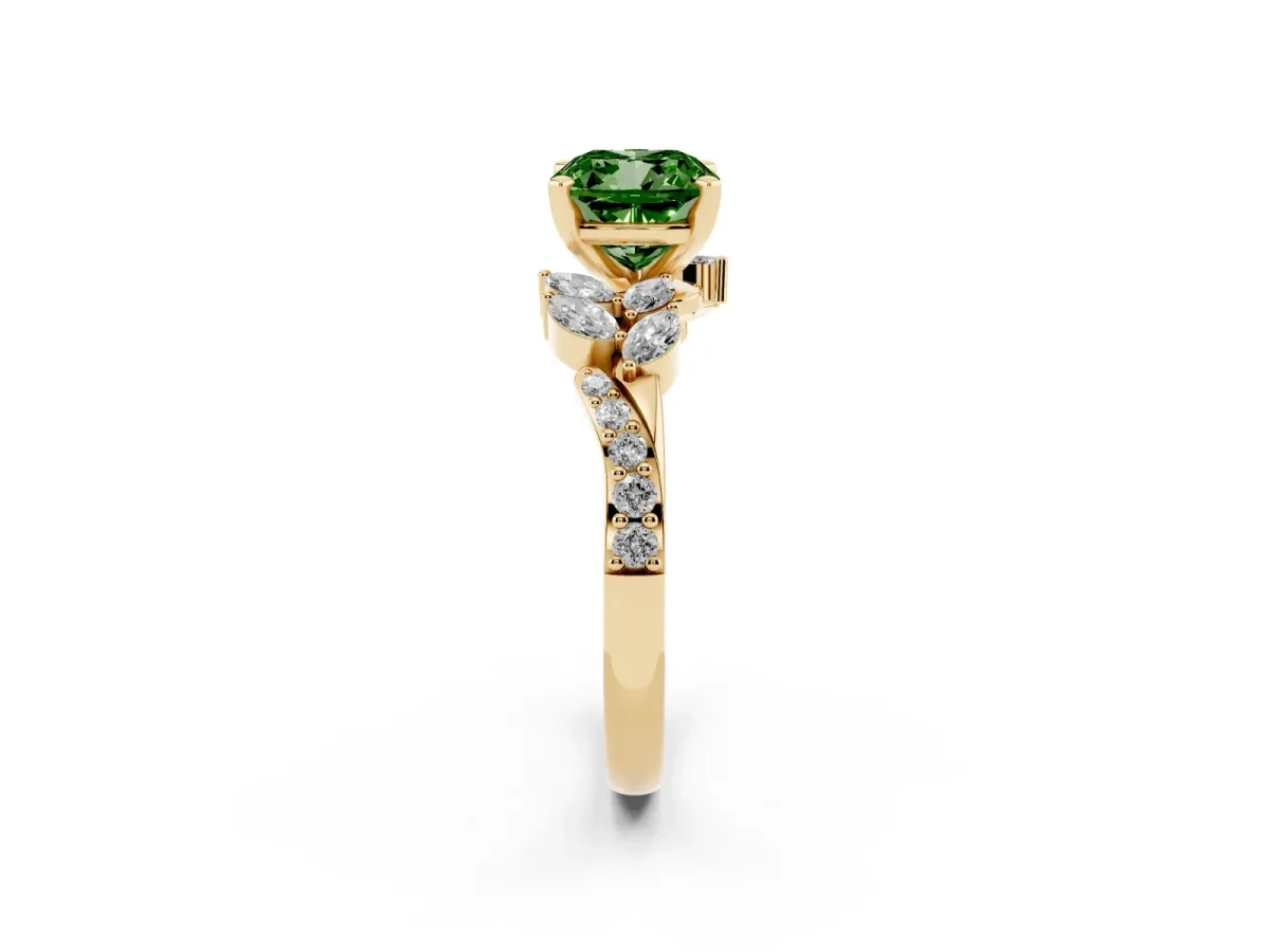 Fancy Green Cushion Cut Solitaire Marquise Twist Band with Six-Prong Setting Yellow gold