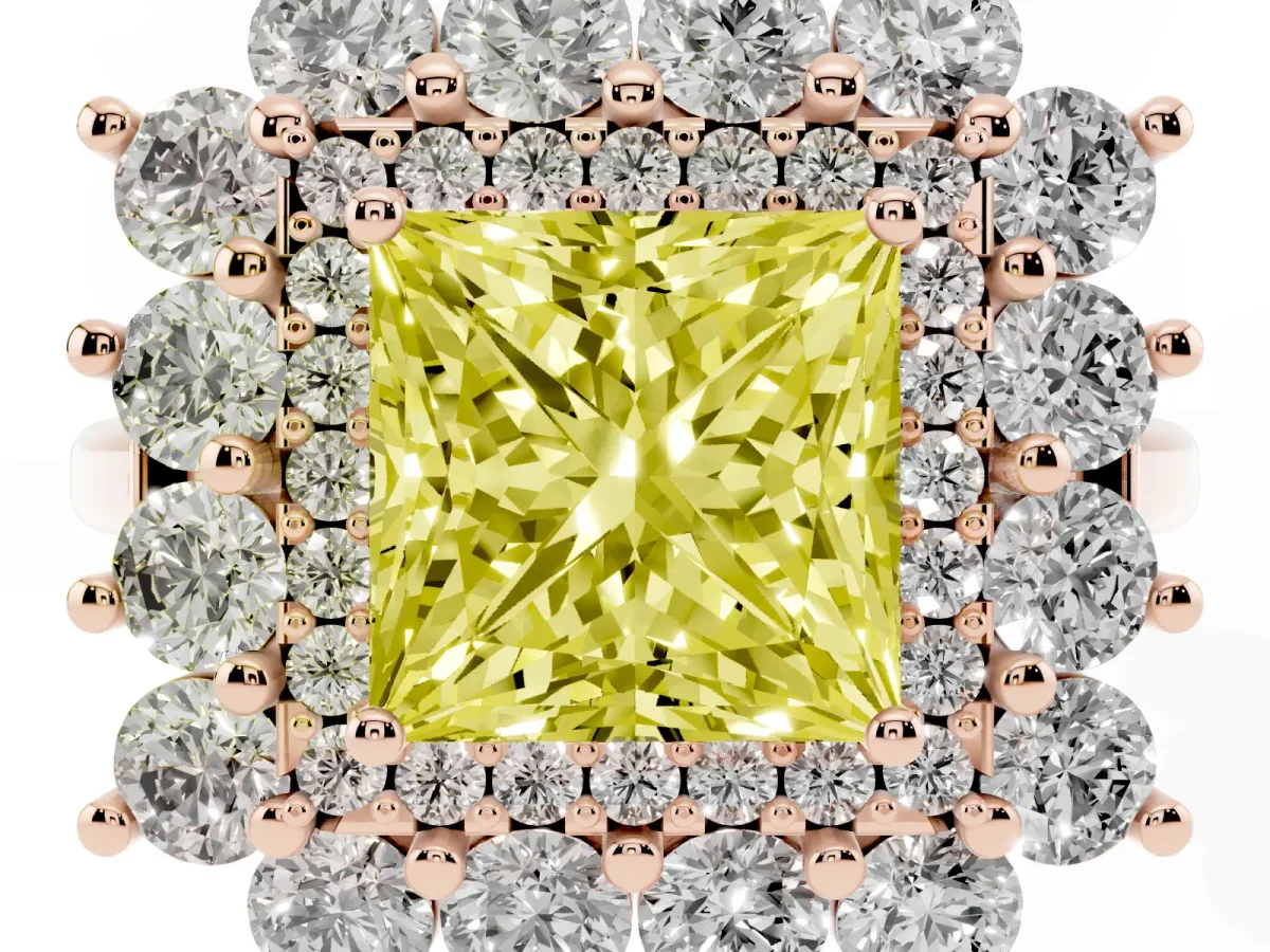 Fancy Yellow Princess Cut Diamond Floral Double Halo Engagement Ring with Prong Setting Rose gold
