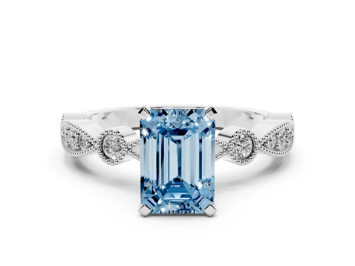 Fancy Blue Emerald Cut Milgrain Bezel Diamond Engagement Ring with Solitaire Prong Setting White gold