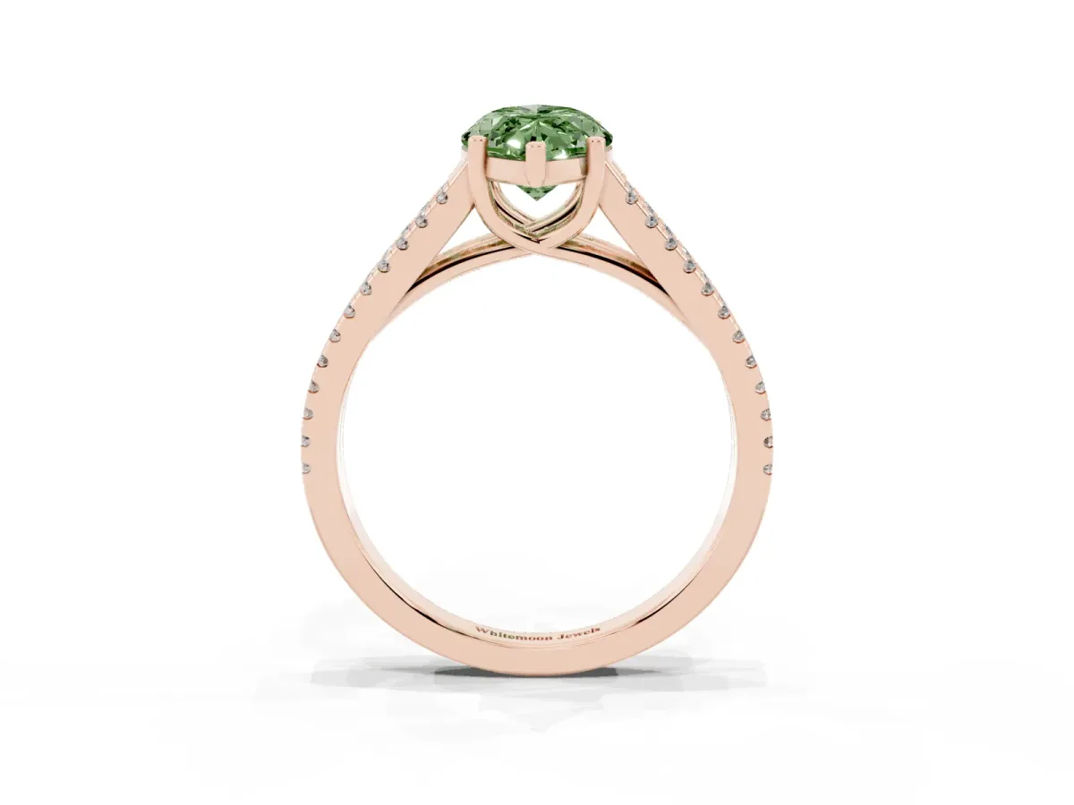 Fancy Green Marquise Cut Diamond Solitaire Engagement Ring with Split Shank Pavé Band Rose gold