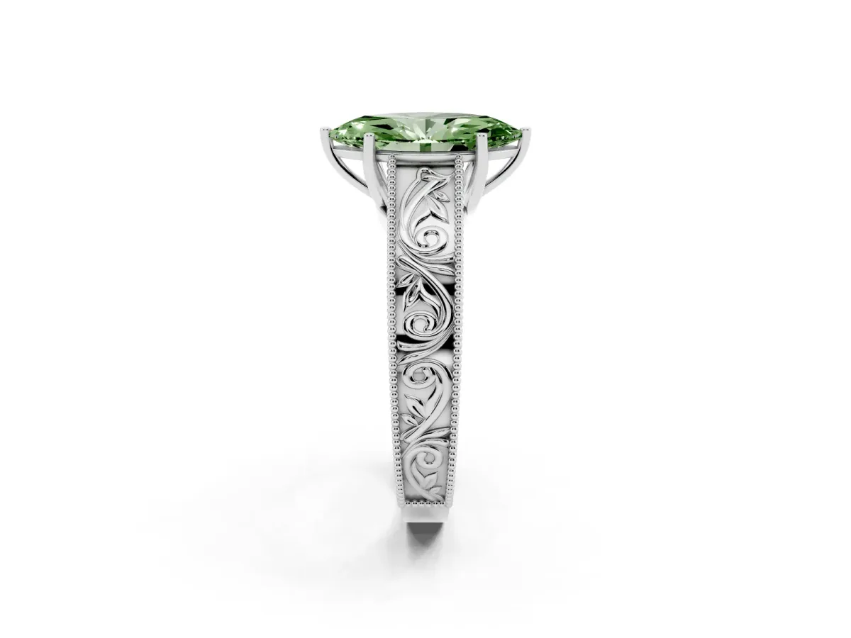 Fancy Green Marquise Cut Diamond Solitaire Ring with Engraved Band and Four-Prong Setting Platinum