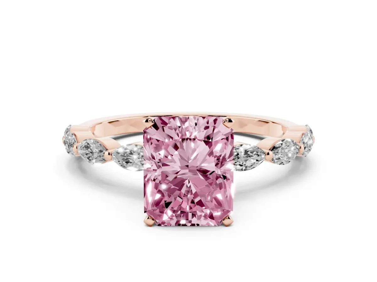 Fancy Pink Radiant Cut Diamond Ring with Marquise Side Stones and Prong Setting Rose gold