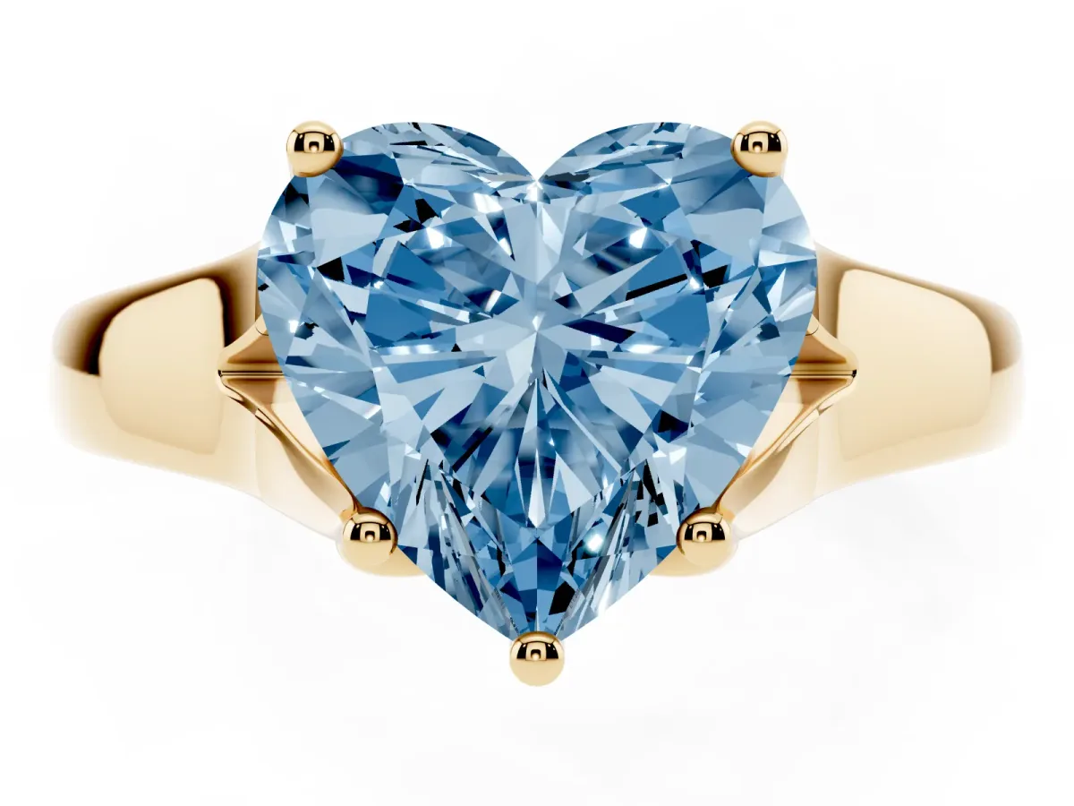 Fancy Blue Heart Cut Solitaire Diamond Ring with Cathedral Band and Four-Prong Setting Yellow gold