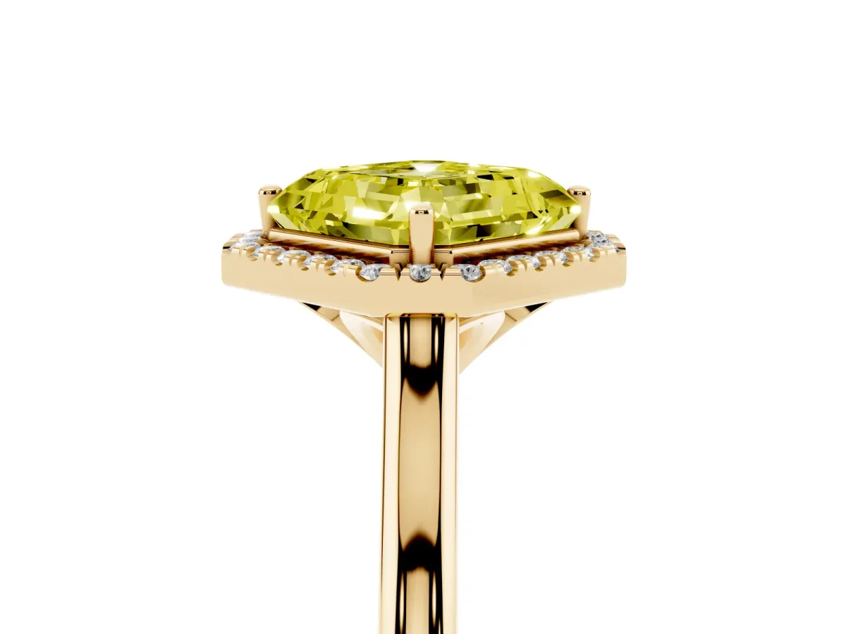 Fancy Yellow Asscher Cut Halo Round Diamond Solitaire Engagement Ring with Pave Band and Four-Prong Setting Yellow gold
