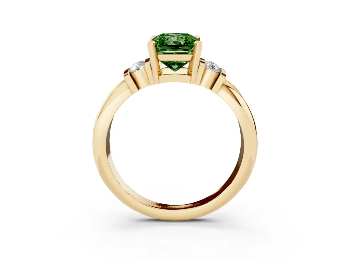 Fancy Green Radiant Cut Cut Three-Stone Channel Set Ring with Bar Prongs Yellow gold
