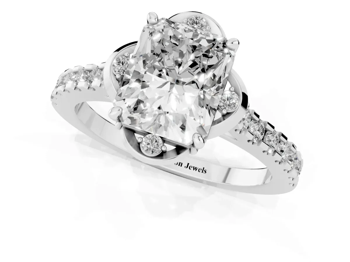 Radiant Cut Diamond Ring with Pavé Band and Floral Prong Setting Silver